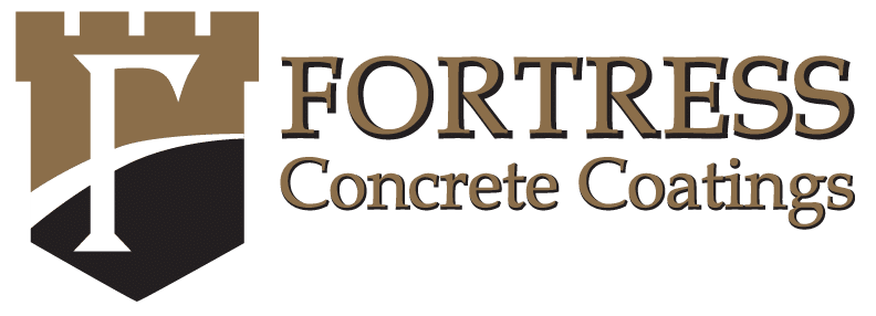 This image shows the logo for "FORTRESS Concrete Coatings" with a stylized castle turret above the letter 'F' in a black and gold color scheme.